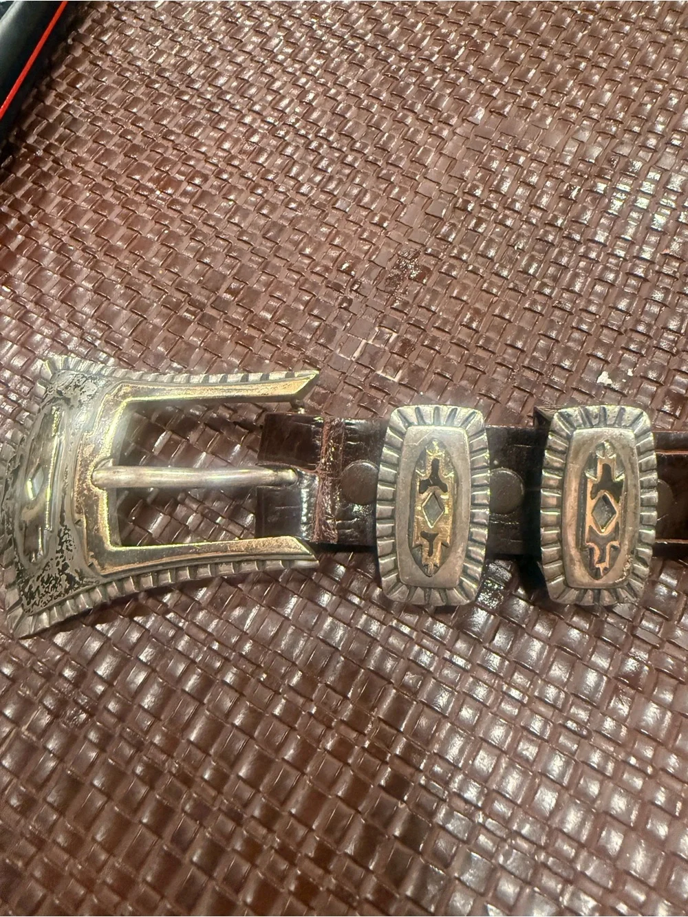 Women’s Western-Style Brown alligator Leather Belt with Silver-gold Conchos.